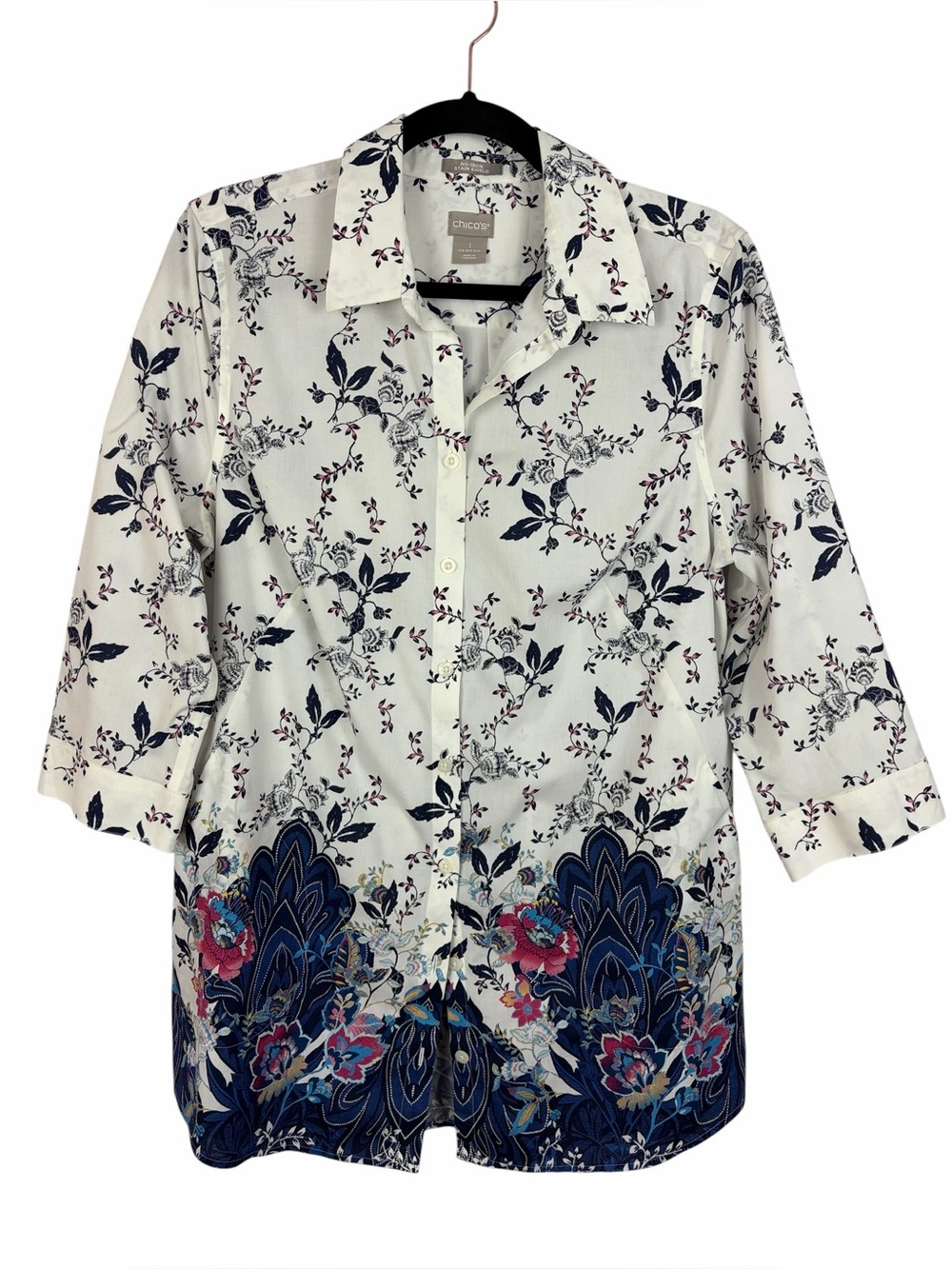 Chico’s No Iron Stain Shield Floral Blouse Button Front Pockets Stretch Cotton